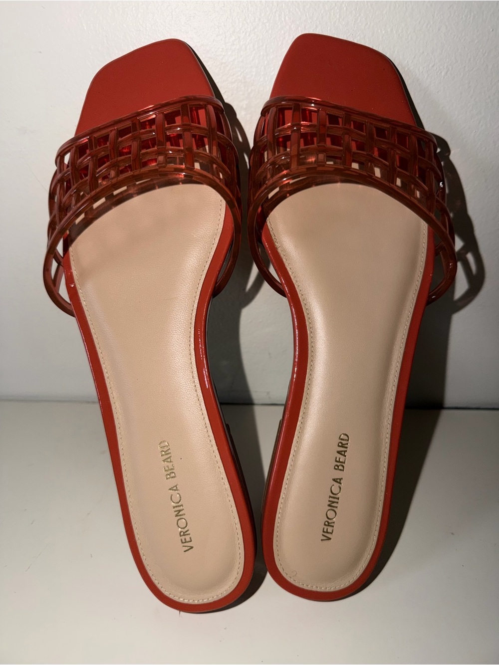 Veronica Beard Maris Jelly Sandals Persimmon Orange Woven Slide Square Toe